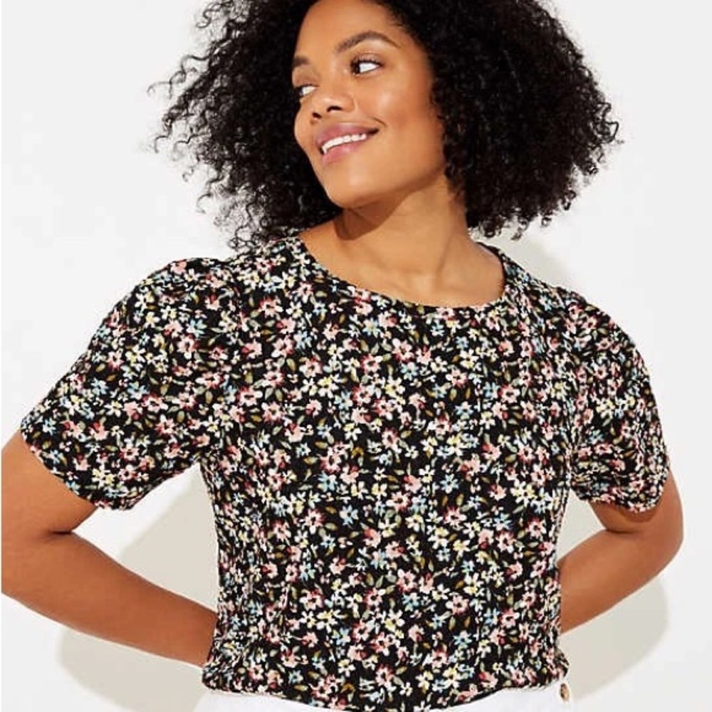 LOFT Petite Black Floral Puff Sleeve Blouse Size Large Petite